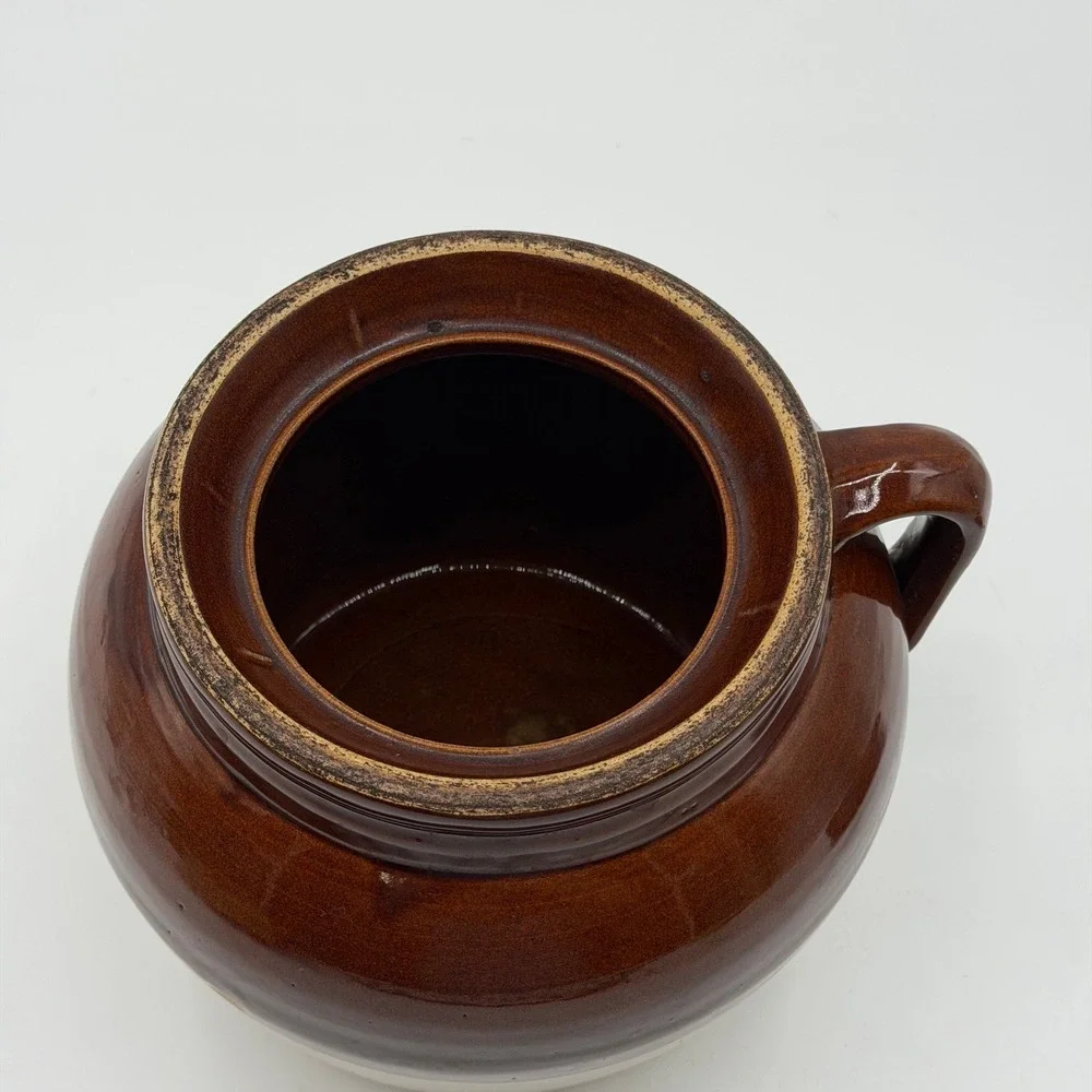 Vintage Robinson Ransbottom Blue Crown 3 Two Tone Stoneware Bean Pot with Lid